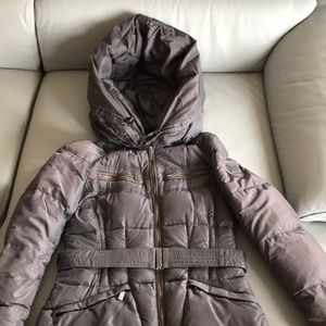 Add down coat with hood, belted, grey, size 6